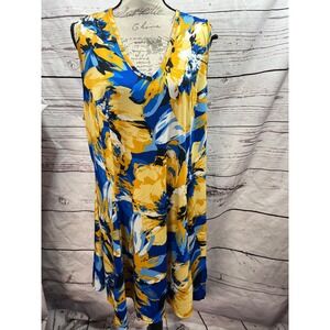 Sleeveless Blue and Yellow Floral V-Neck Dress